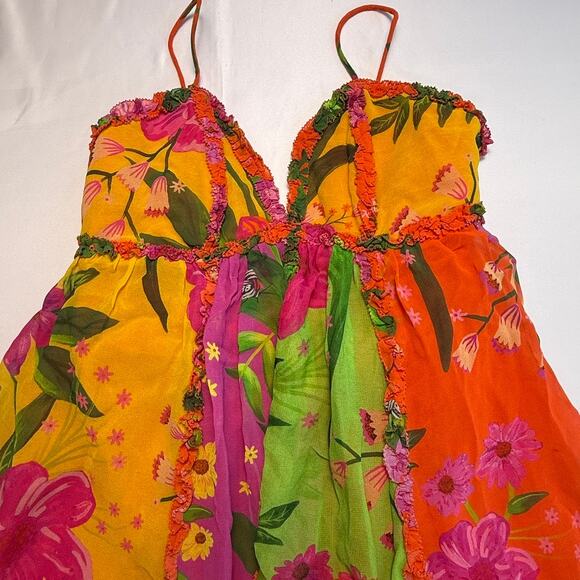 FARM Rio Tropical Patchwork Floral Ruffle Mini Dress Multicolor Boho Size Small - Picture 9 of 16